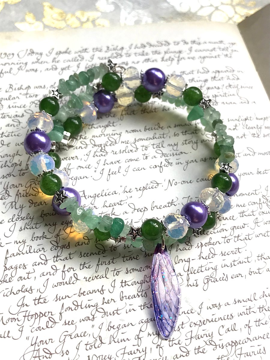 Purple and Green Opal Quartz Aventurine Pearl Fairy Wing Bracelet