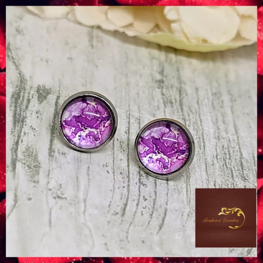 Handmade Glass Stud Earrings - Purple Swirl - 10mm