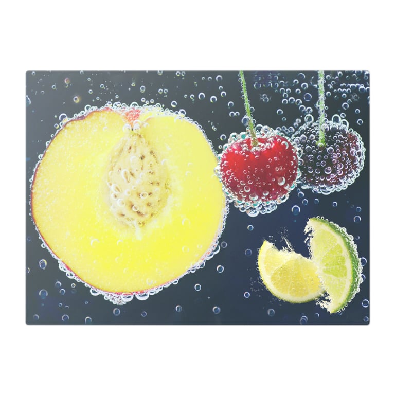 Sumptuous Peach & Fruits in Bubbles on Black Background Glass Chopping Board