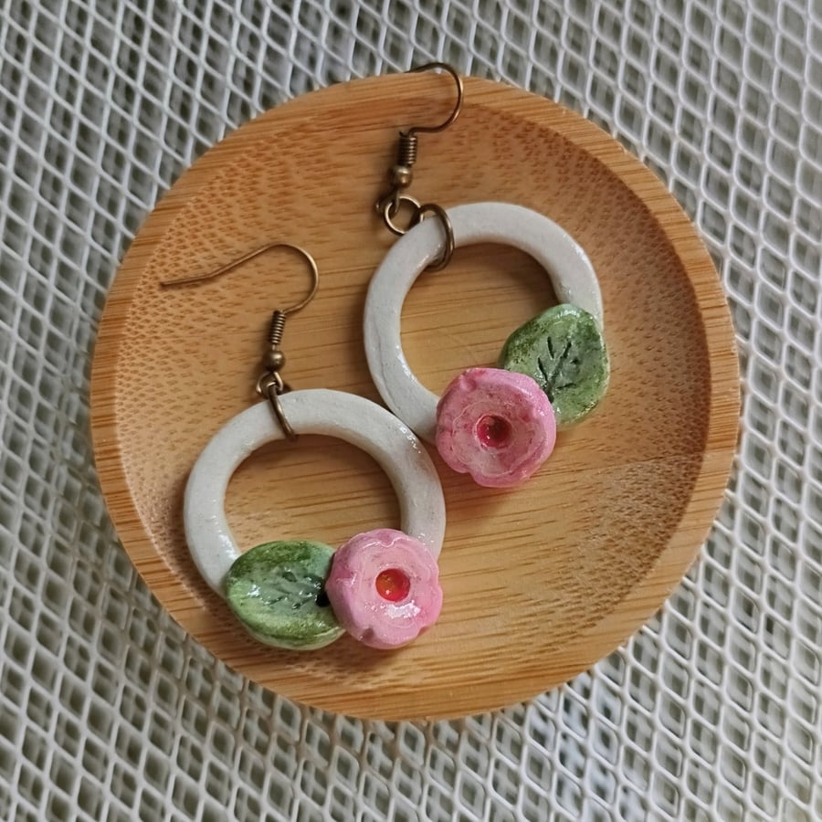 Hand-painted tropical flower hoop earrings 