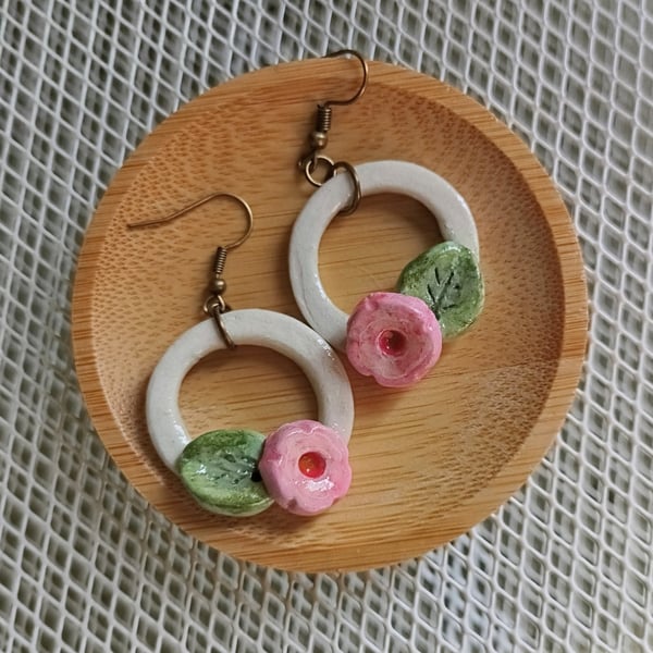 Hand-painted tropical flower hoop earrings 