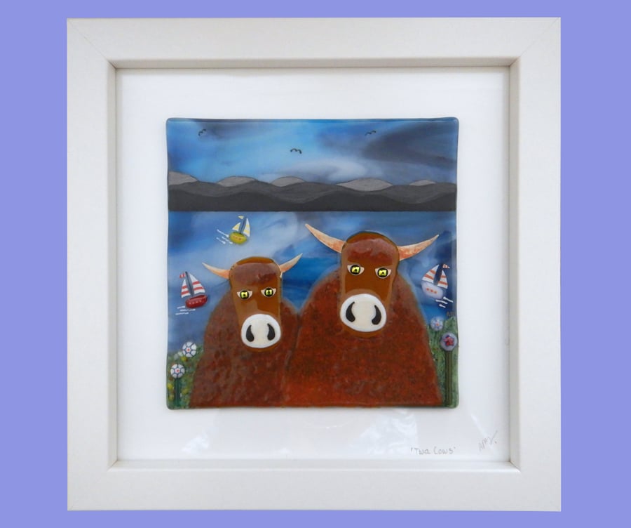 Handmade Fused Glass 'Twa Cows' Picture