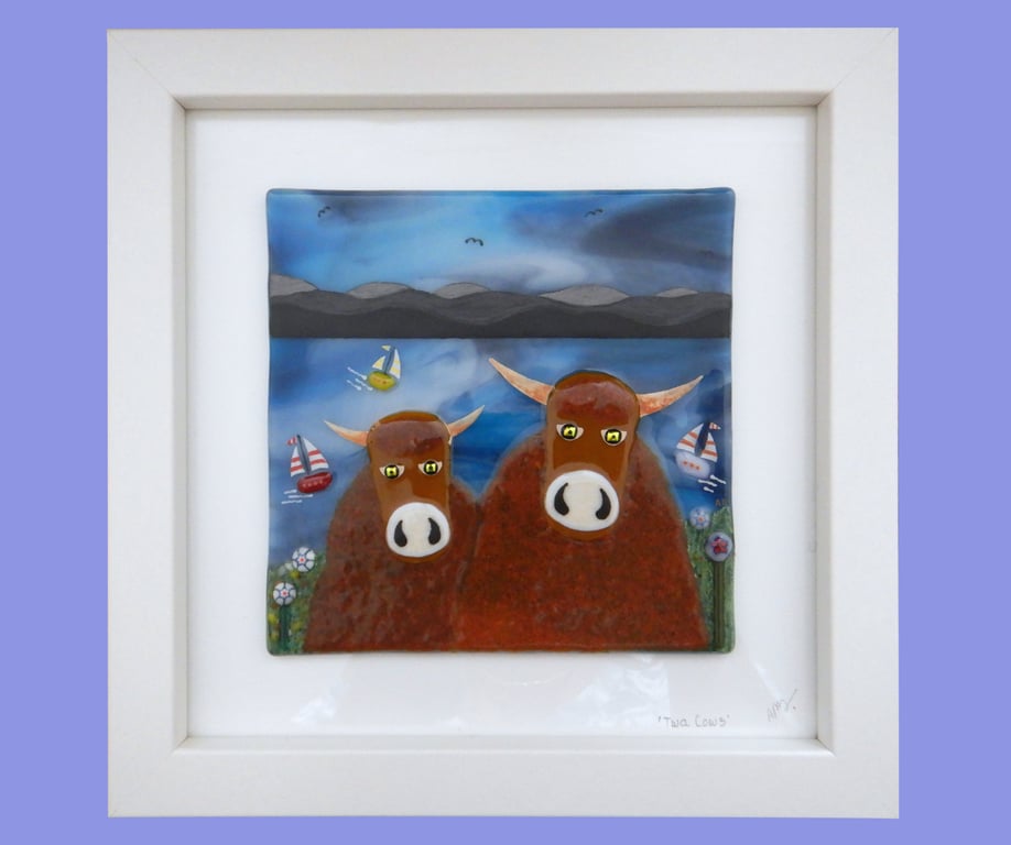 Handmade Fused Glass 'Twa Cows' Picture