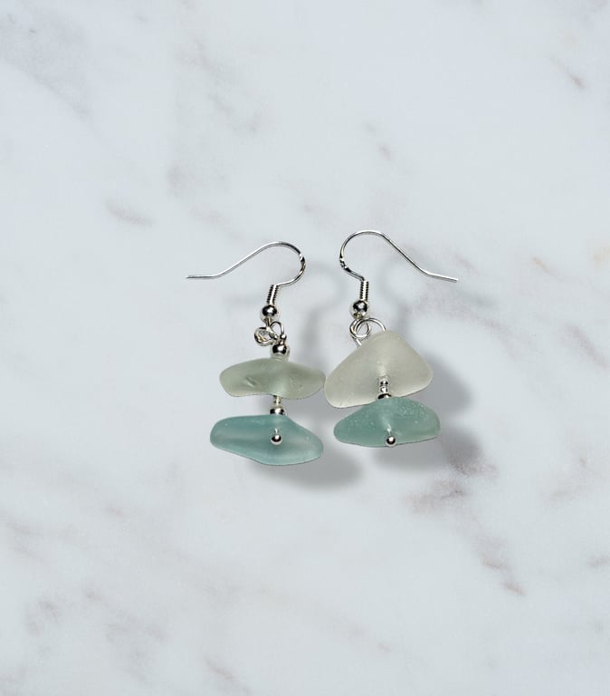 Sea glass earrings, Aqua and frosted white genuine smooth seaglass 