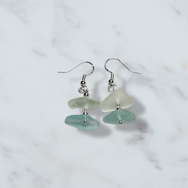 Sea glass earrings, Aqua and frosted white genuine smooth seaglass 