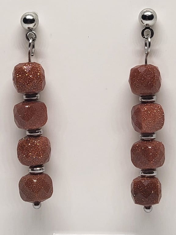 Brown Sandstone Sparkle Drop Earrings – Stainless Steel Studs Handmade
