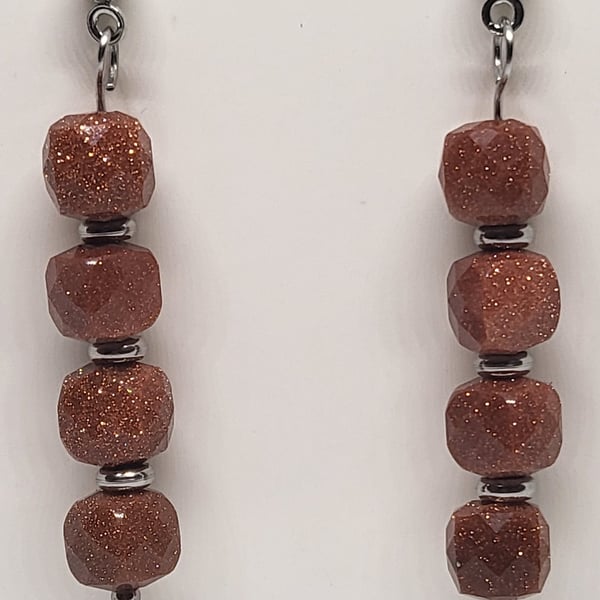 Brown Sandstone Sparkle Drop Earrings – Stainless Steel Studs Handmade