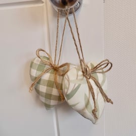 Two heart shape decorations Laura Ashley green willow leaf and gingham