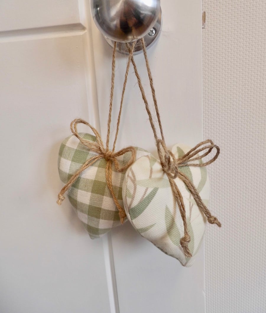Two heart shape decorations Laura Ashley green willow leaf and gingham