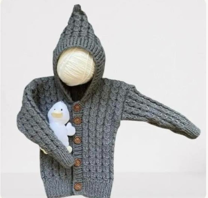 Hand Knitted Boys Hooded Jacket in a Grey Wool Blend Yarn - Fits Age 9-18 months