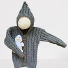 Hand Knitted Boys Hooded Jacket in a Grey Wool Blend Yarn - Fits Age 9-18 months