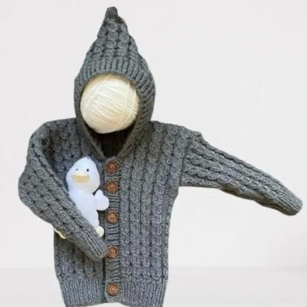 Hand Knitted Boys Hooded Jacket in a Grey Wool Blend Yarn - Fits Age 9-18 months