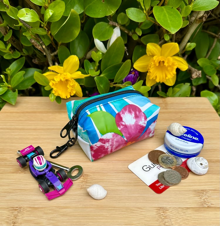 Tropical Flower and Waves - Repurposed Chunky Keyring Pouch 