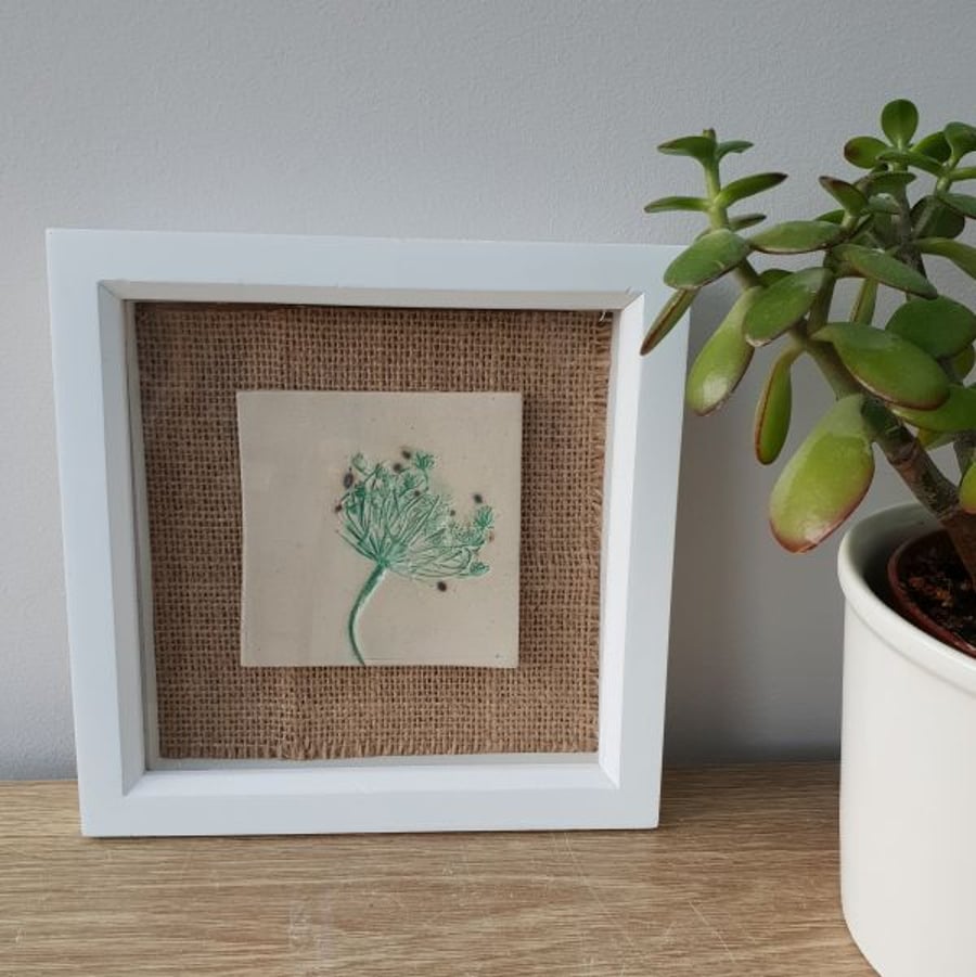 Framed Ceramic Botanical Tile – Green Flower