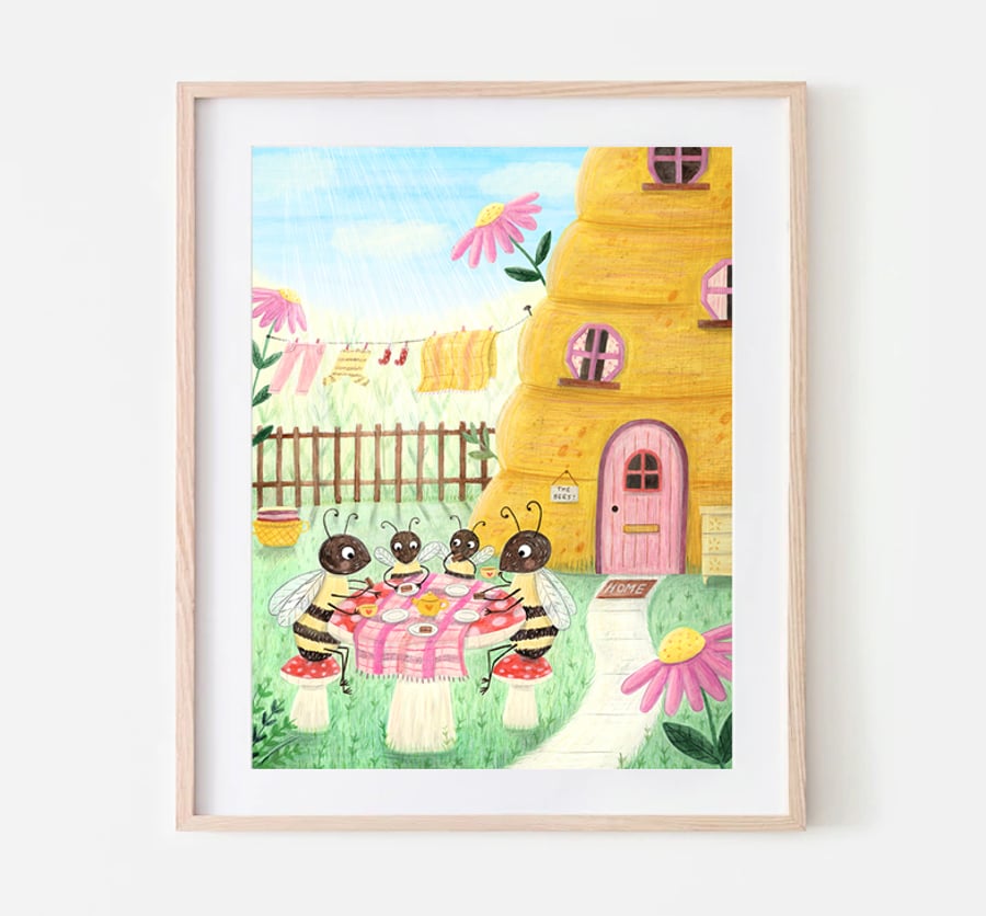 Bee Tea Party - Spring illustration - Childrens Wall Art - A4 art print