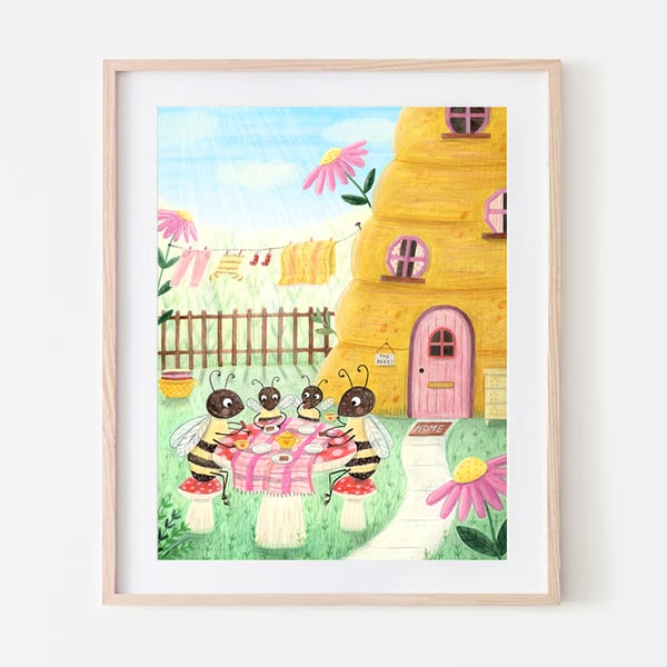 Bee Tea Party - Spring illustration - Childrens Wall Art - A4 art print