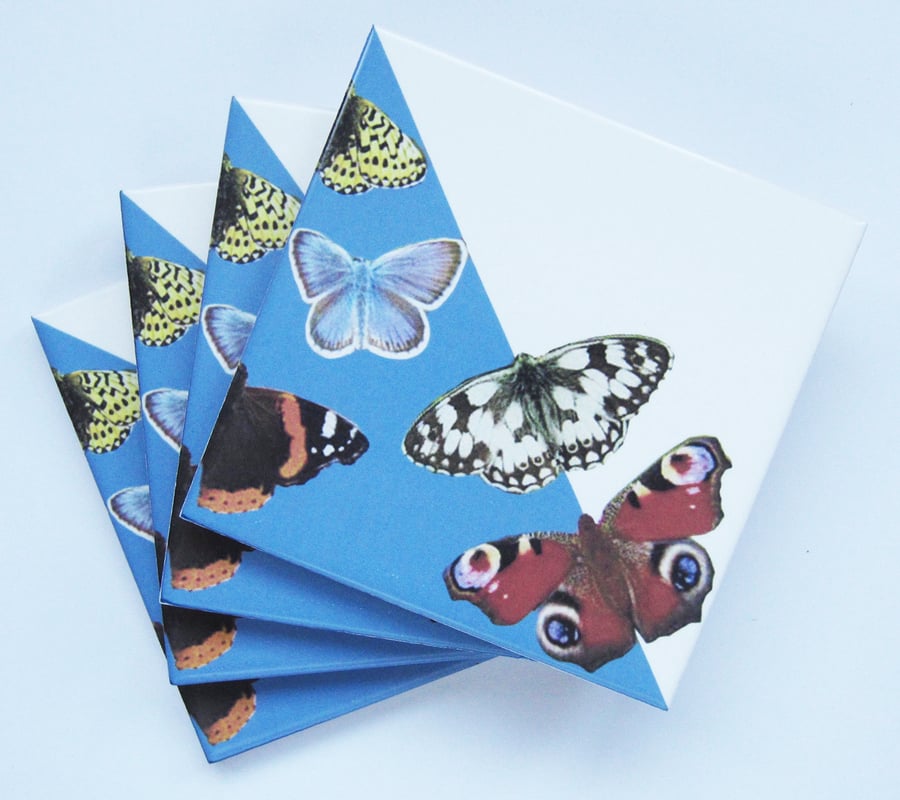 Set of 4 Light Blue British Butterfly Ceramic Tile Coasters with Cork Backing