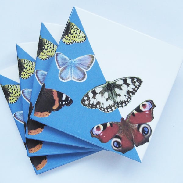 Set of 4 Light Blue British Butterfly Ceramic Tile Coasters with Cork Backing