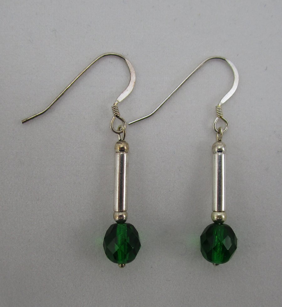 Emerald Faceted Glass and Silver Earrings