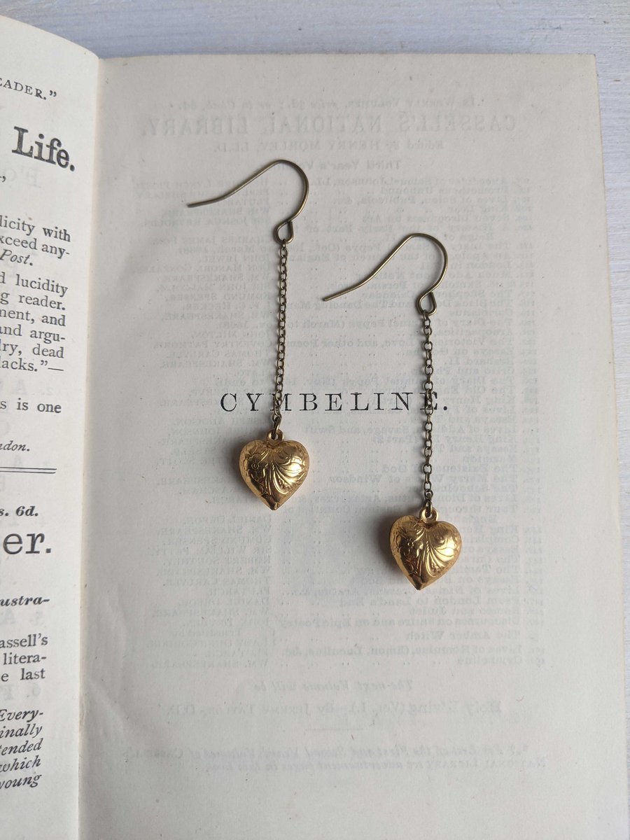 Long Puffy Heart earrings on Chains - vintage brass charms on bronze