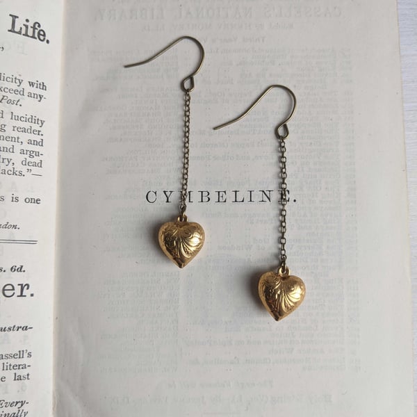 Long Puffy Heart earrings on Chains - vintage brass charms on bronze