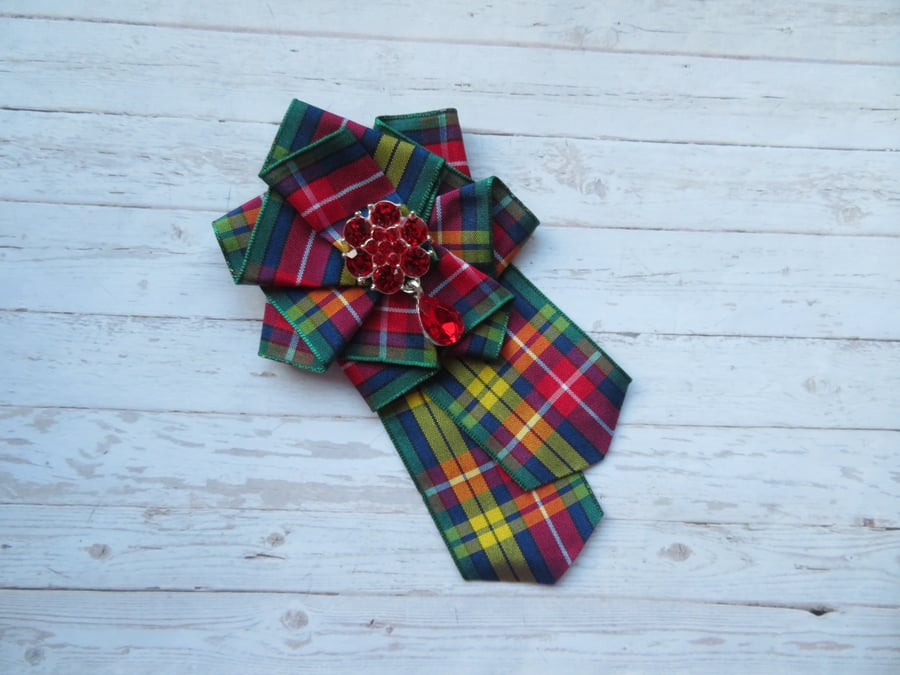 Buchanan Tartan and Red Crystal Jewel Brooch Pin Corsage Wedding 