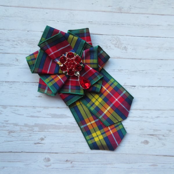 Buchanan Tartan and Red Crystal Jewel Brooch Pin Corsage Wedding 