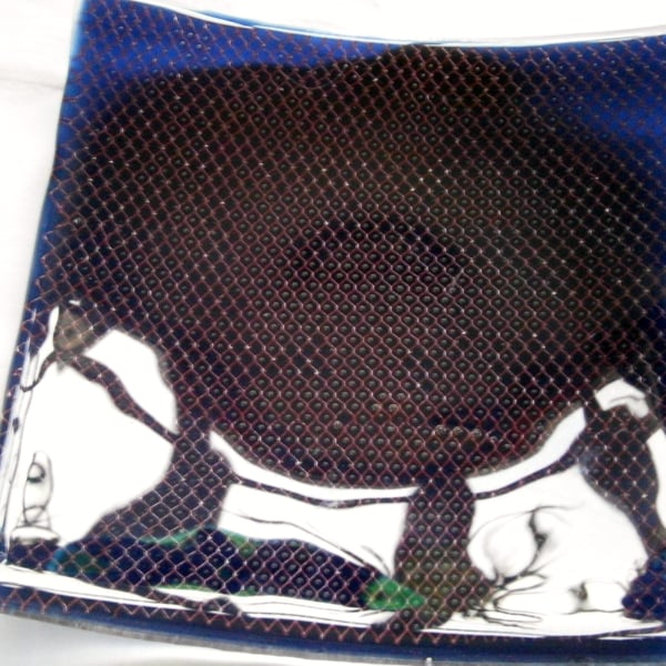 SALE - Midnight blue fused glass dish with copper mesh inclusion
