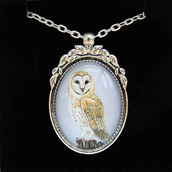Barn Owl Pendant Necklace - Silver Leaf Style