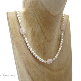 Faceted Baby Pink Rose Quartz, White Swarovski Pearls & Sterl Silver Necklace