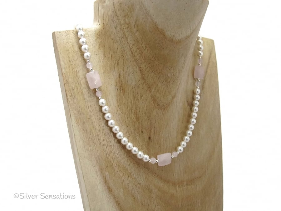 Faceted Baby Pink Rose Quartz, White Swarovski Pearls & Sterl Silver Necklace