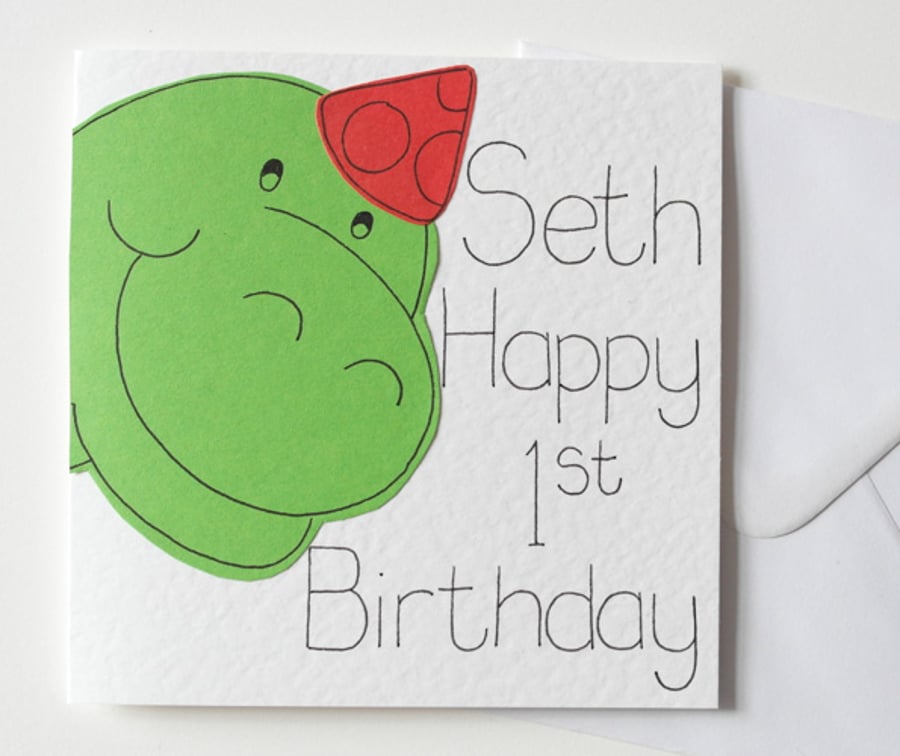 Personalised Dinosaur First Birthday card, Personalised First Birthday card