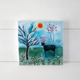 Winter Landscape, Deer Artwork, Whimsical Original Painting