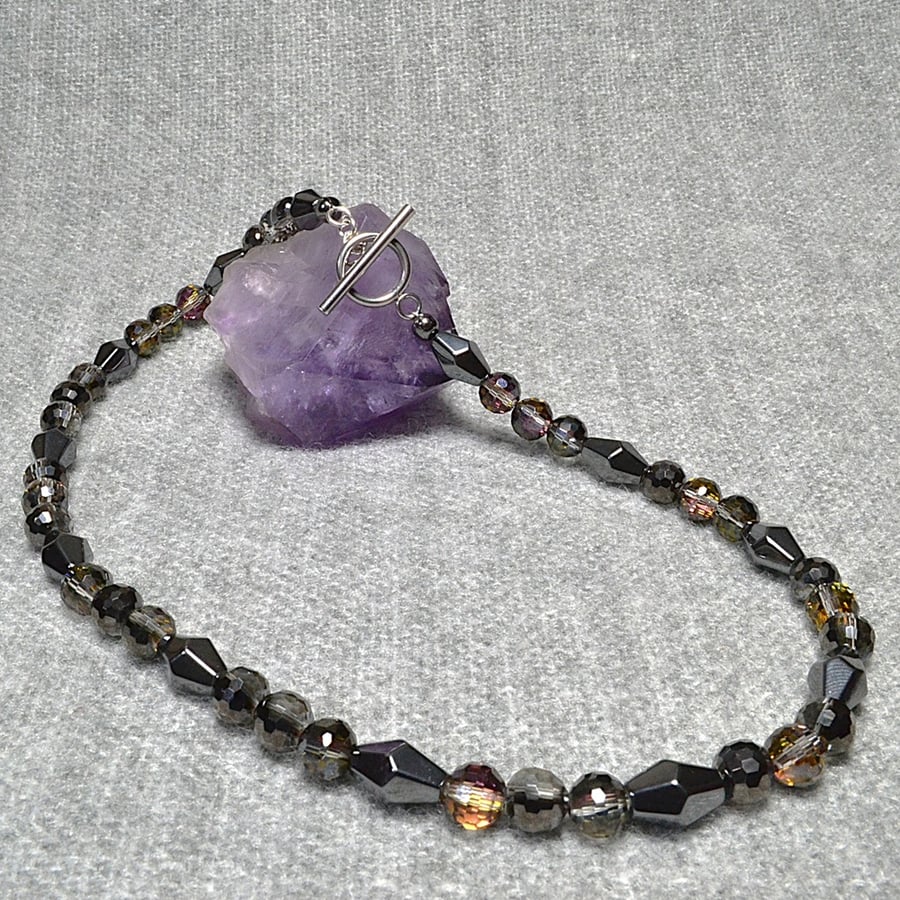 Hematite Bicone and Half-Coated Faceted Glass Crystal Necklace