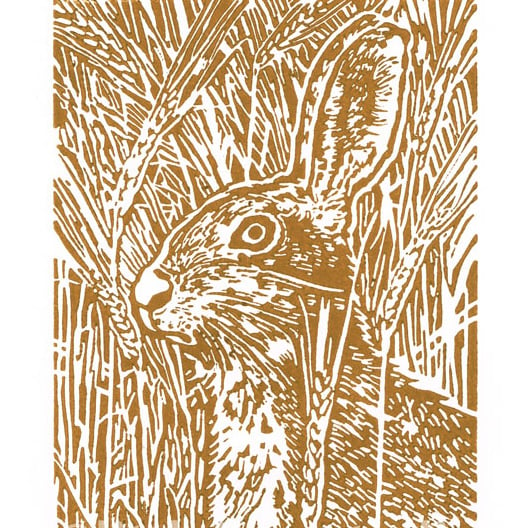 Brown Hare art - Hare in the Barley - Original Hand Pulled Linocut Print