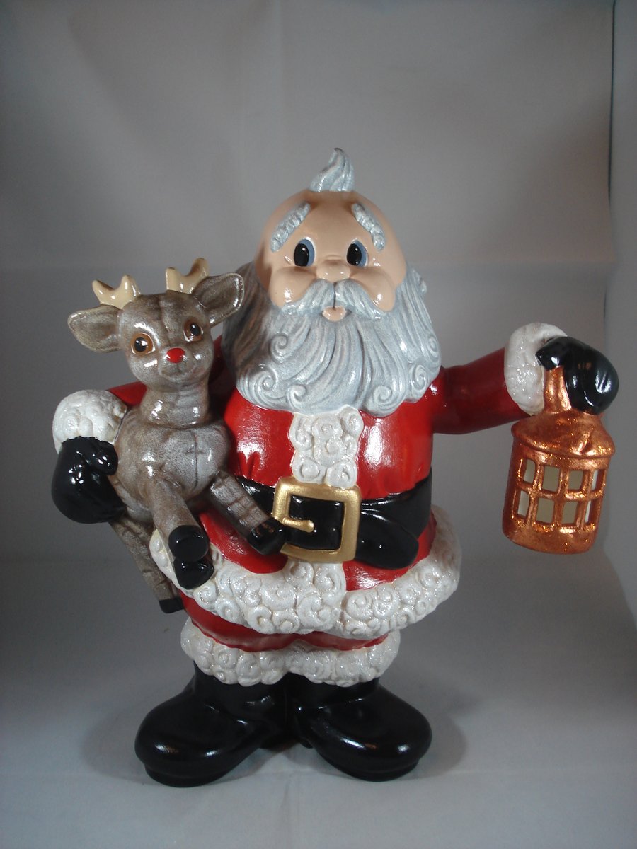 Ceramic Red Xmas Christmas Santa Reindeer Figurine Animal Ornament Decoration.  