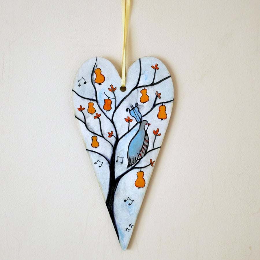 Christmas Hanging Heart, White Ornament, Partridge in a Pear Tree