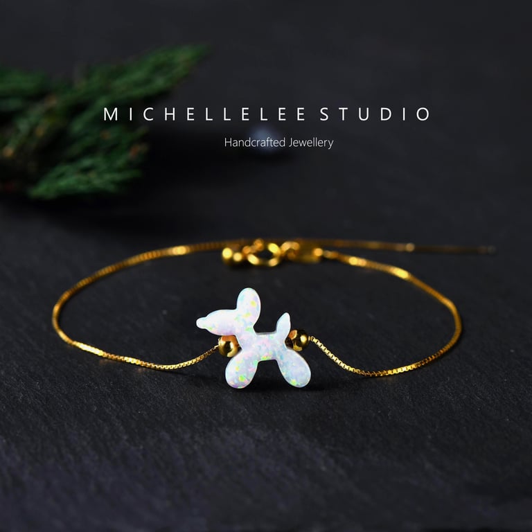 Dainty Balloon Dog Fire Opal Bracelet with 925 Sterling Silver Chain