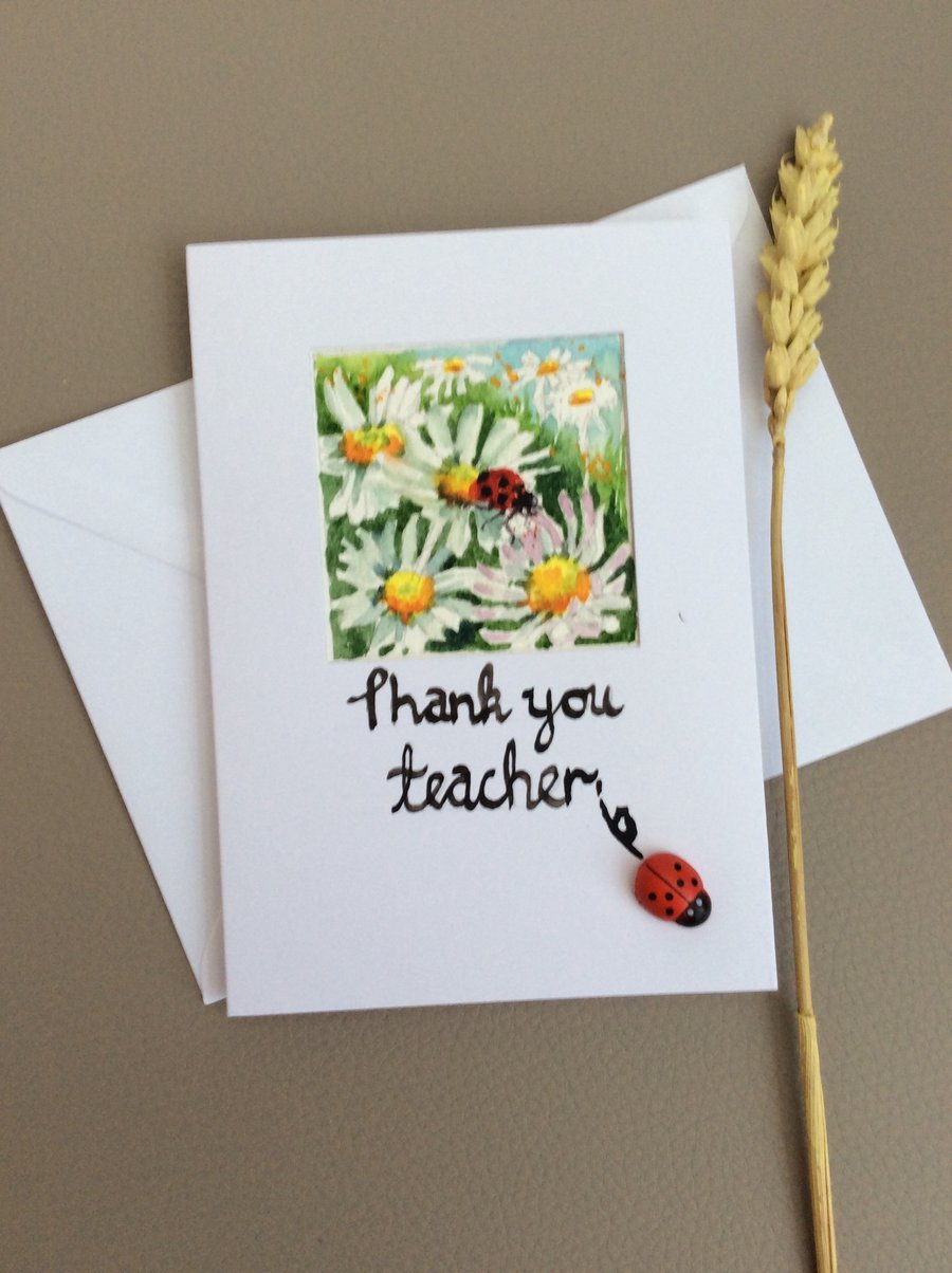 Daisies and ladybird thank you card handpainted watercolour painting 