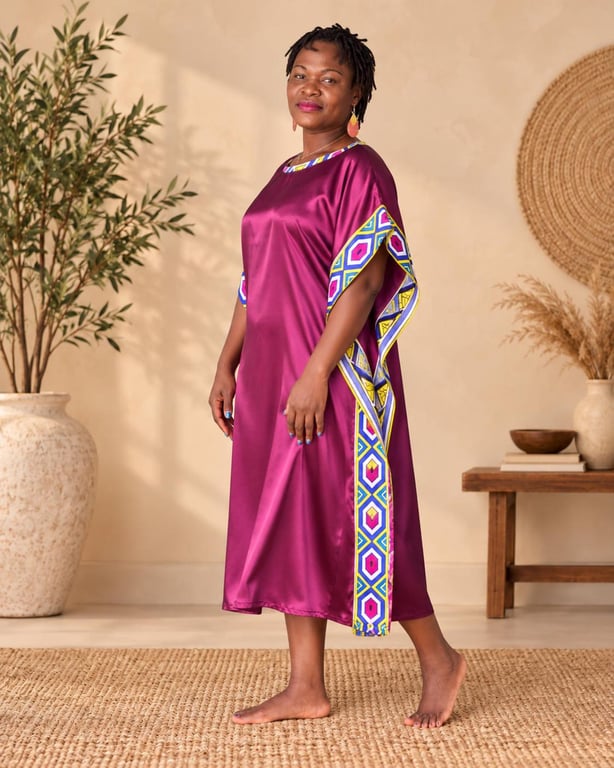 Handmade Plum Silk Kaftan with Ankara Trim – UK Size 14