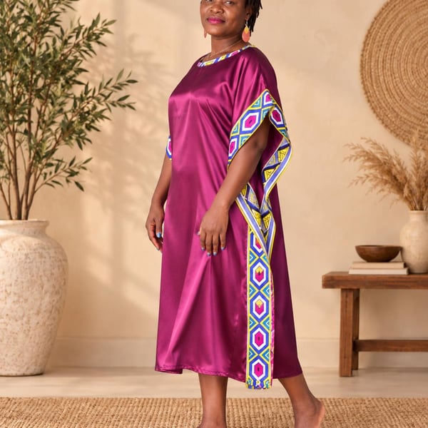 Handmade Plum Silk Kaftan with Ankara Trim – UK Size 14