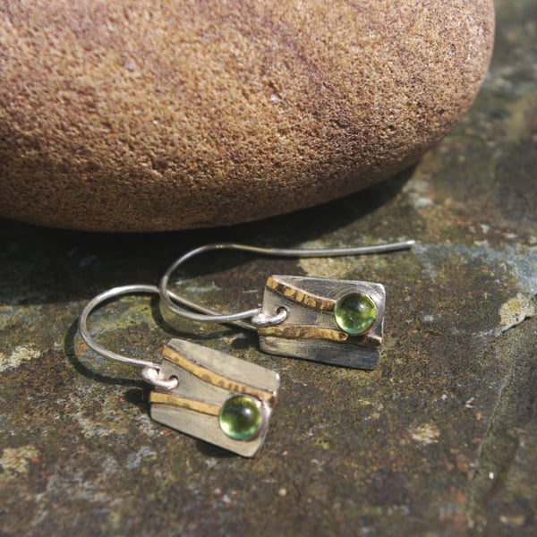 Silver and Gold Strata Dangle Earrings with Peridots 