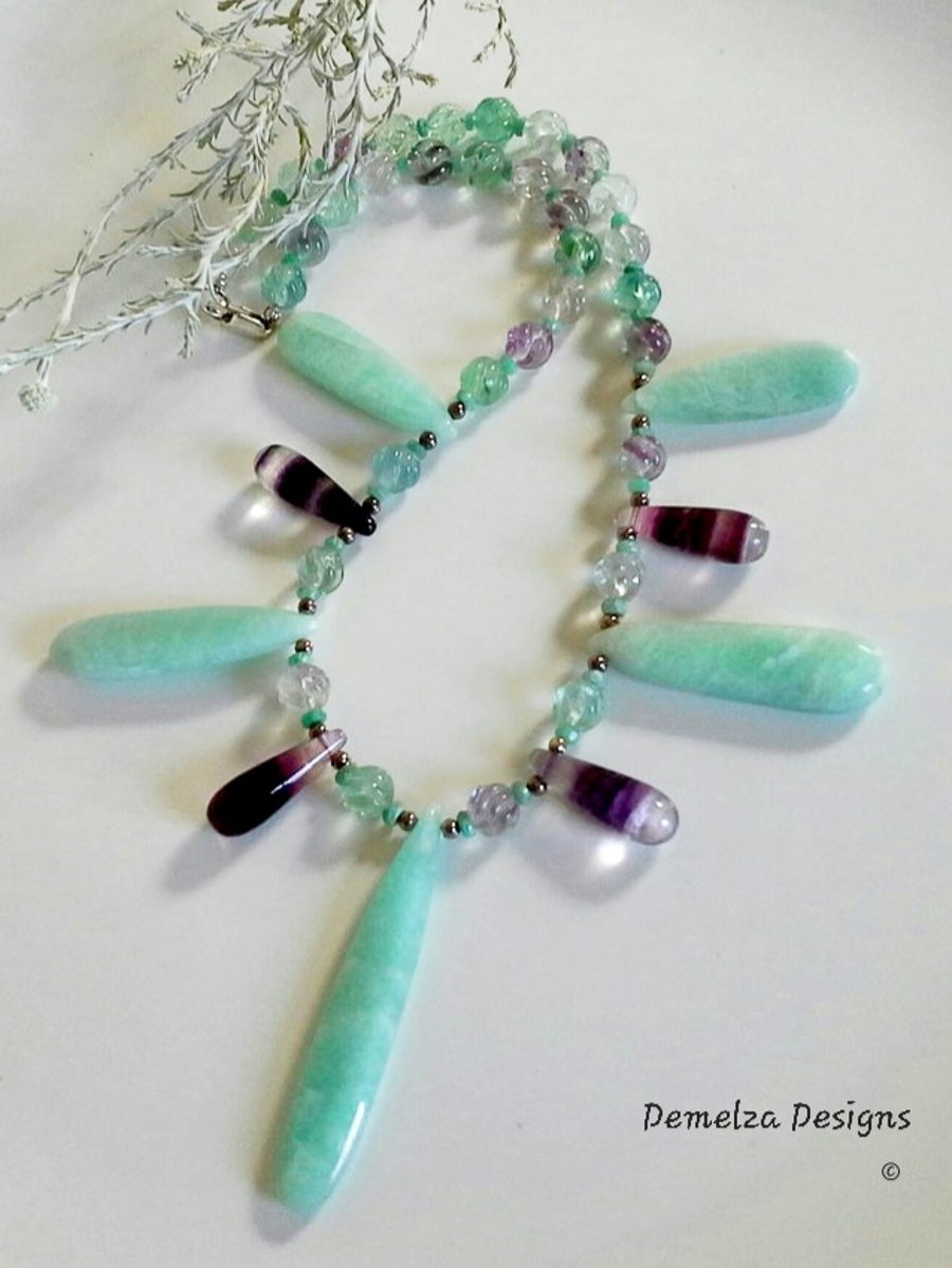 Elegant Russian Amazonite, Emerald  & Fluorite 925 Silver Necklace ONE ONLY