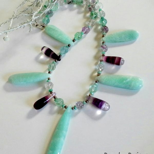 Elegant Russian Amazonite, Emerald  & Fluorite 925 Silver Necklace ONE ONLY