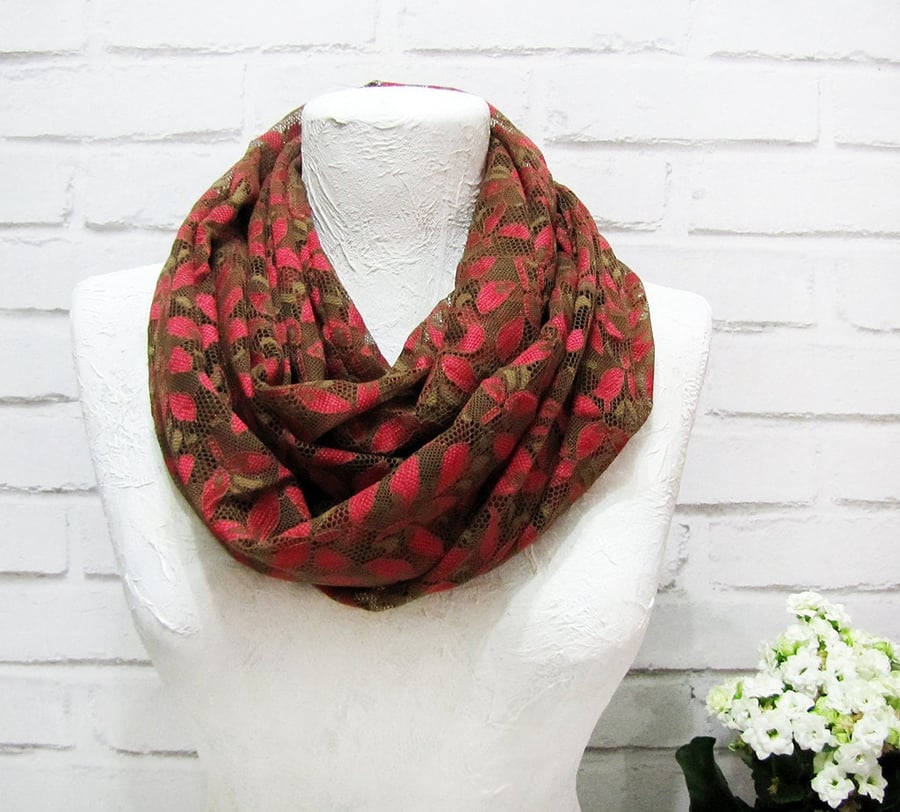 Fine lace wedding modern infinity scarf brown red shawl loop scarfgift for her