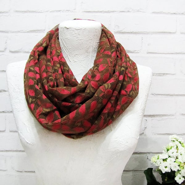 Fine lace wedding modern infinity scarf brown red shawl loop scarfgift for her
