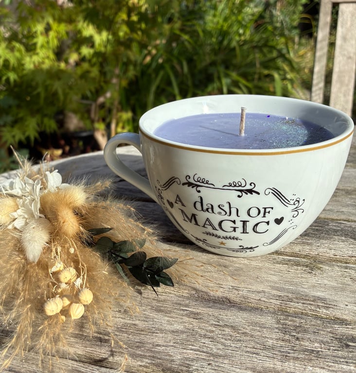 Purple Soy Candle in Large Tea Cup with Sparkles 