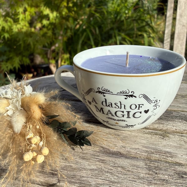 Purple Soy Candle in Large Tea Cup with Sparkles 