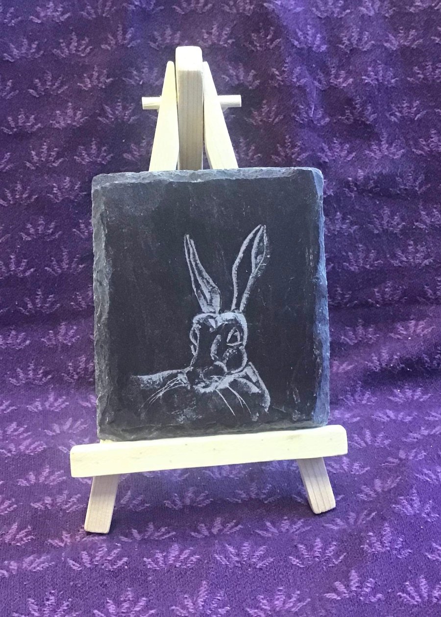 A Watching Hare - original art hand carved on slate