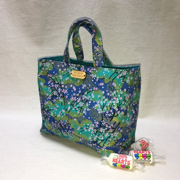 Japanese Turquoise Blossoms Fabric Mini Mini Tote Bag